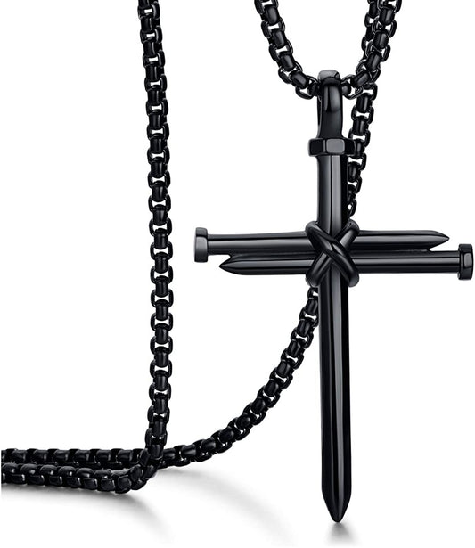 Men's Stainless Steel Nail Cross Pendant Necklace w/ 24 Inch Chain Polished Black