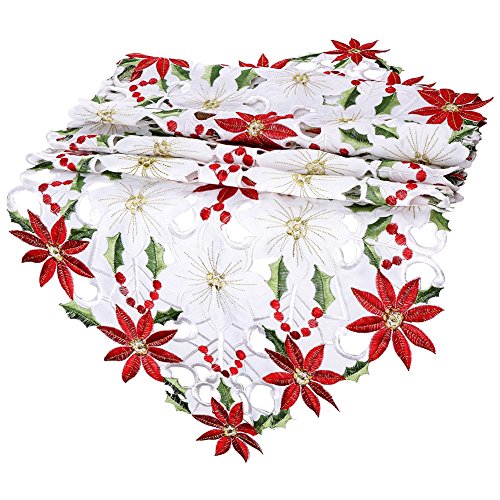 Poinsettia Christmas Embroidered Table Runners 15 x 69 Inch