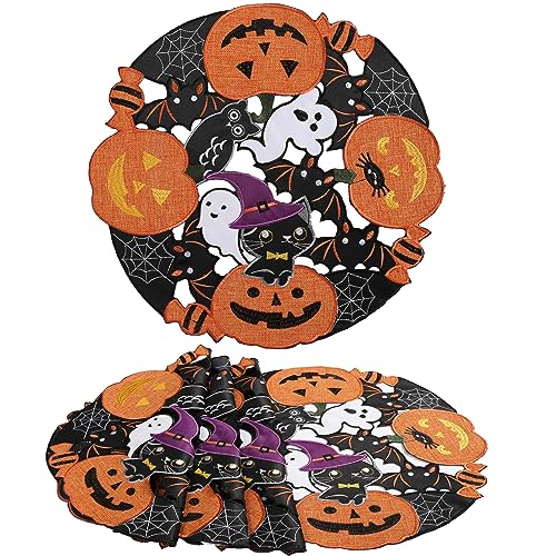 Embroidered Black Round Placemats 15 Inches, Thanksgiving Fall Pumpkins Table Decorations