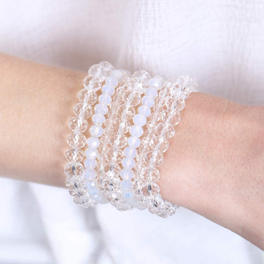 Bohemian Multi-Layer Beaded Stacking Statement Bracelets - Versatile Stretch Strand Sparkly Crystal Beads Wrap -White