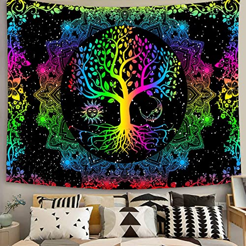 Psychedelic Tree of Life Mysterious Sun and Moon Mandala Colorful Hippie Boho Tapestry