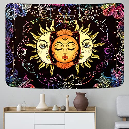 Psychedelic Sun and Moon Burning Sun Black Colorful Moon and Stars Tapestry ( 51.2 × 59.1 inches)