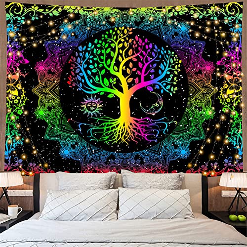 Psychedelic Tree of Life Mysterious Sun and Moon Mandala Colorful Hippie Boho Tapestry