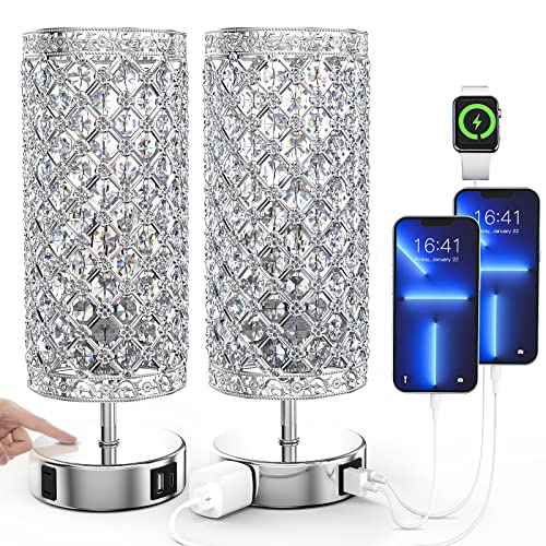 Touch Control Crystal Table Lamp w/ USB A+C Charging Ports & AC Outlet of 2(LED Light Bulb Included)