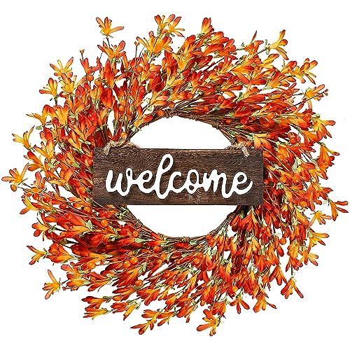 20’’ Autumn Front Door Harvest Wreath w/ Forsythia Flowers Orange Berries Welcome Sign for Thanksgiving Fall Decor