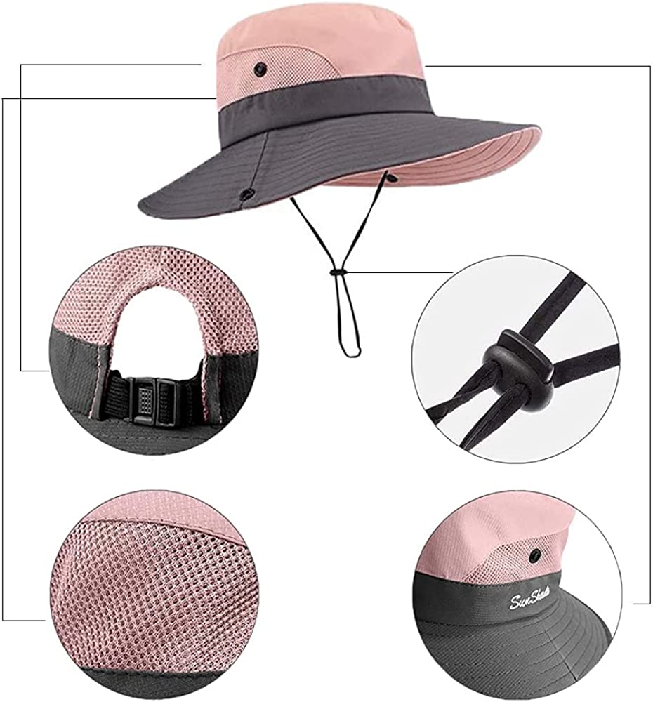 Women's Summer Sun-Hat Outdoor UV Protection Fishing Hat Wide Brim Foldable-Beach-Bucket w/Ponytail Hole