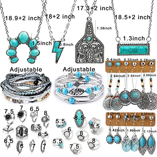47 PCS Silver Bohemian Jewelry Set With 4pcs Turquoise Necklace,12 pairs Dangle Earrings, 11pcs Stackable Bangle Bracelets, 20pcs Knuckle Rings For Women Girls Vintage Western Boho Turquoise Anniversary Birthday Friendship Gift