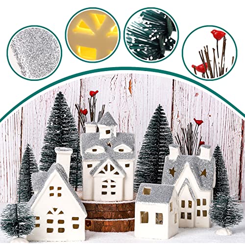 4 Pcs Ceramic Christmas Village Houses w/ 8 Pcs Christmas Trees