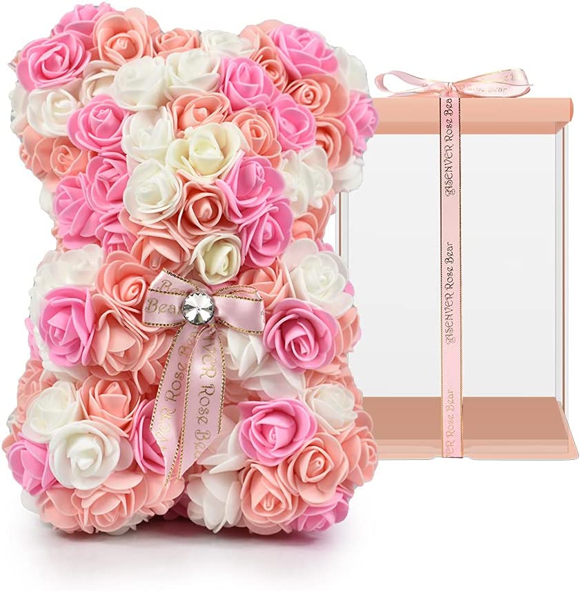 Hand Made Artificial Flowers Rose Bear w/ a 10" Pink Gift Box (Multi Color-Pinkbow)