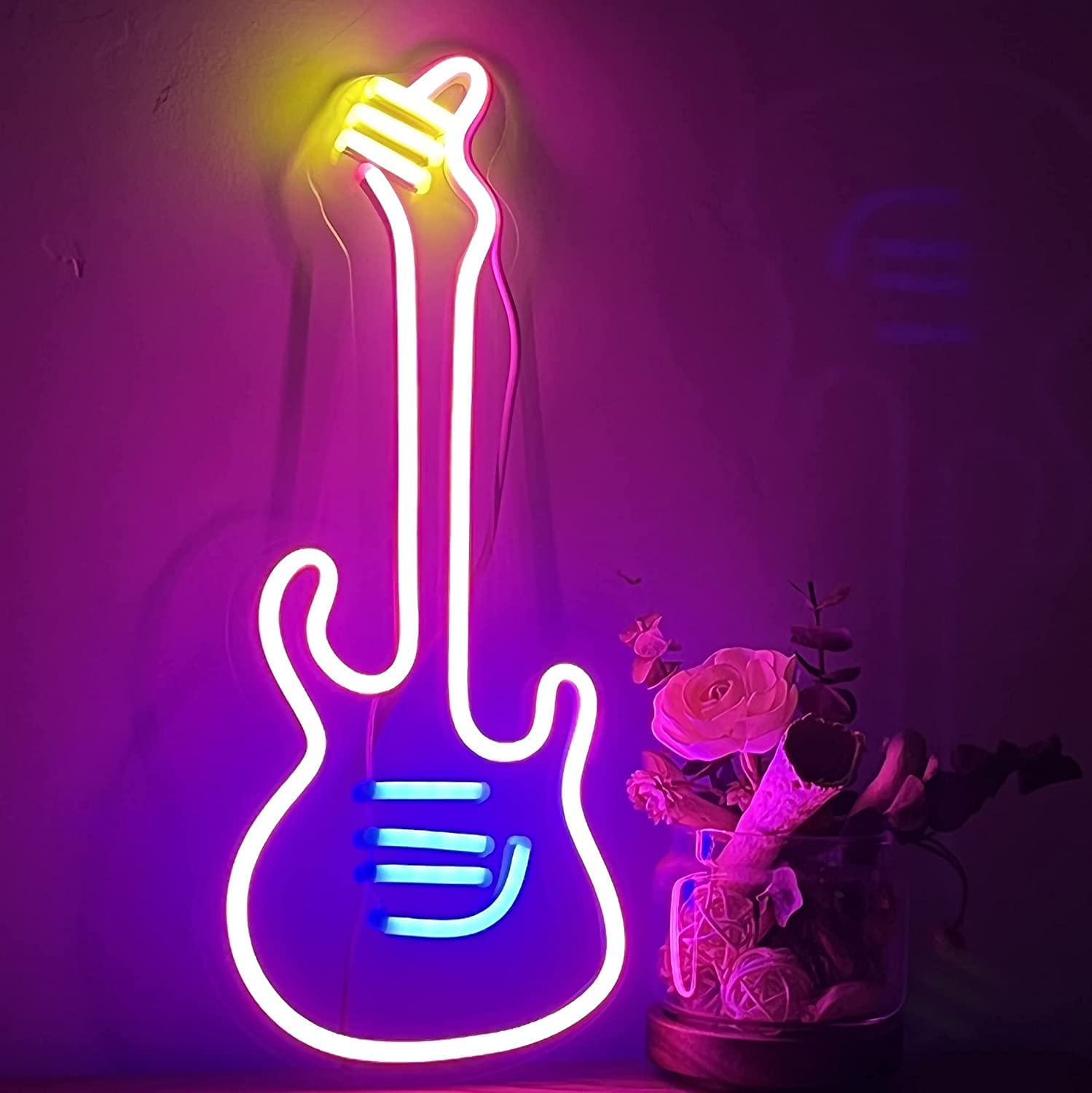 Guitar Neon Sign Light, On/Off-Switch for Wall Decor, LED Light Sign for Bedroom Decoration, Easily-Install w/ Hooks, Chain, Adaptor (14"x6")