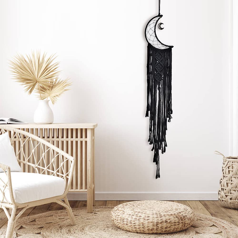 Moon Star Macrame Woven Dreamcatcher w/ Light, Bohemian Wall Hanging Decoration (Black Moon)