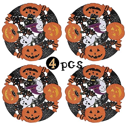 Embroidered Black Round Placemats 15 Inches, Thanksgiving Fall Pumpkins Table Decorations