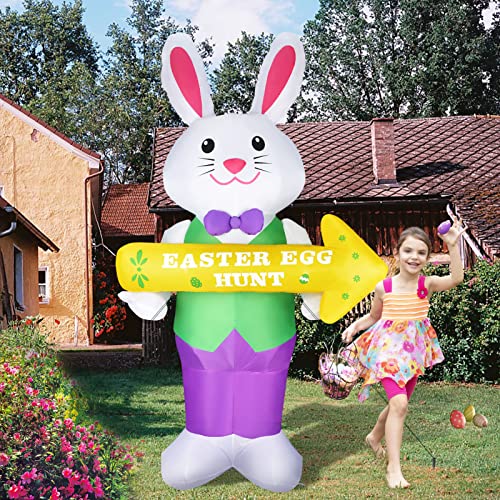 8 FT Easter Inflatables Outdoor Decoration, Bunny Holding Sign w/ Build in LEDs