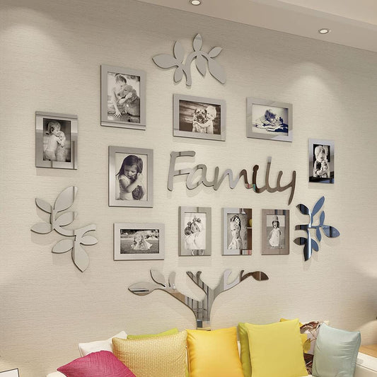 Family Tree Wall Decor Acrylic 3D DIY Mirror Stickers Picture Frame Collage Home Decorations for Living Room Bedroom Dinning Office New House Gifts Silver Set Large 47x47 Inch