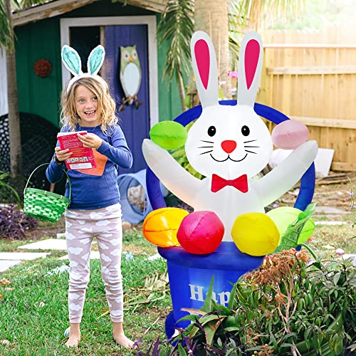 5ft Easter Inflatable Bunny in Egg Basket w/ LEDs for Home Decoration