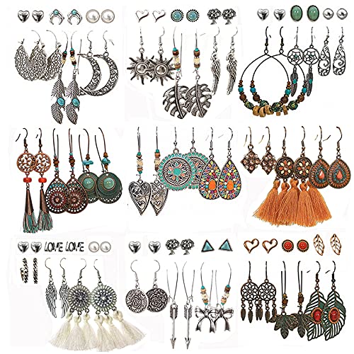 45 Pairs Bohemian Hollow Waterdrop Leaf Feather Shaped Vintage Drop Dangle Earrings Set