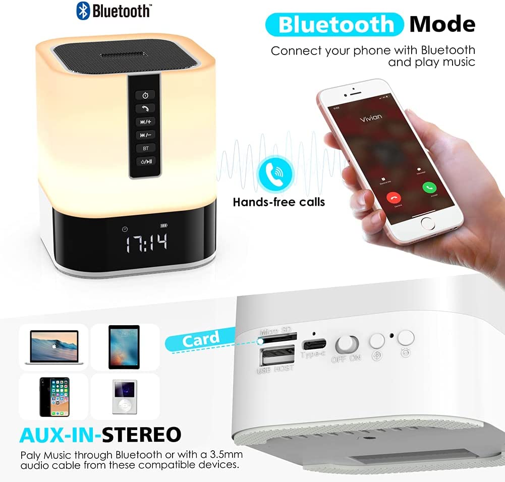 Night Light Bluetooth Speaker, 5 in 1 Touch Control Bedside Lamp Dimmable Multi-Color Changing w/ Alarm Clock