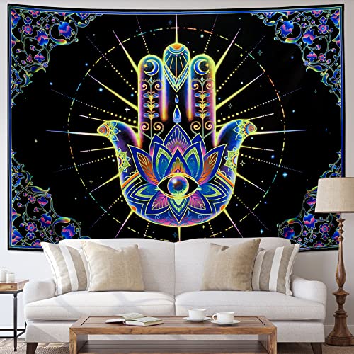 Extra Large Blacklight Hamsa Evil Eye Tapestry