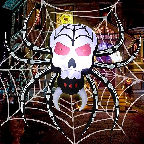 Halloween Inflatable Skull Face Spider Scary Creepy, Blow Up Spider with Built-in LED