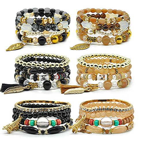 6 Sets Stackable Stretch Bracelets Multi-color Bohemian Bracelet Sets for Women