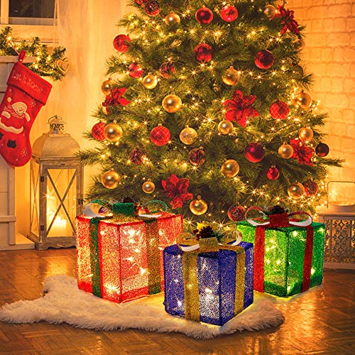 Twinkle Star Set of 3 Christmas Lighted Pop Up Gift Boxes Decorations, Tinsel Present Box, Pre-lit 60 LED Light