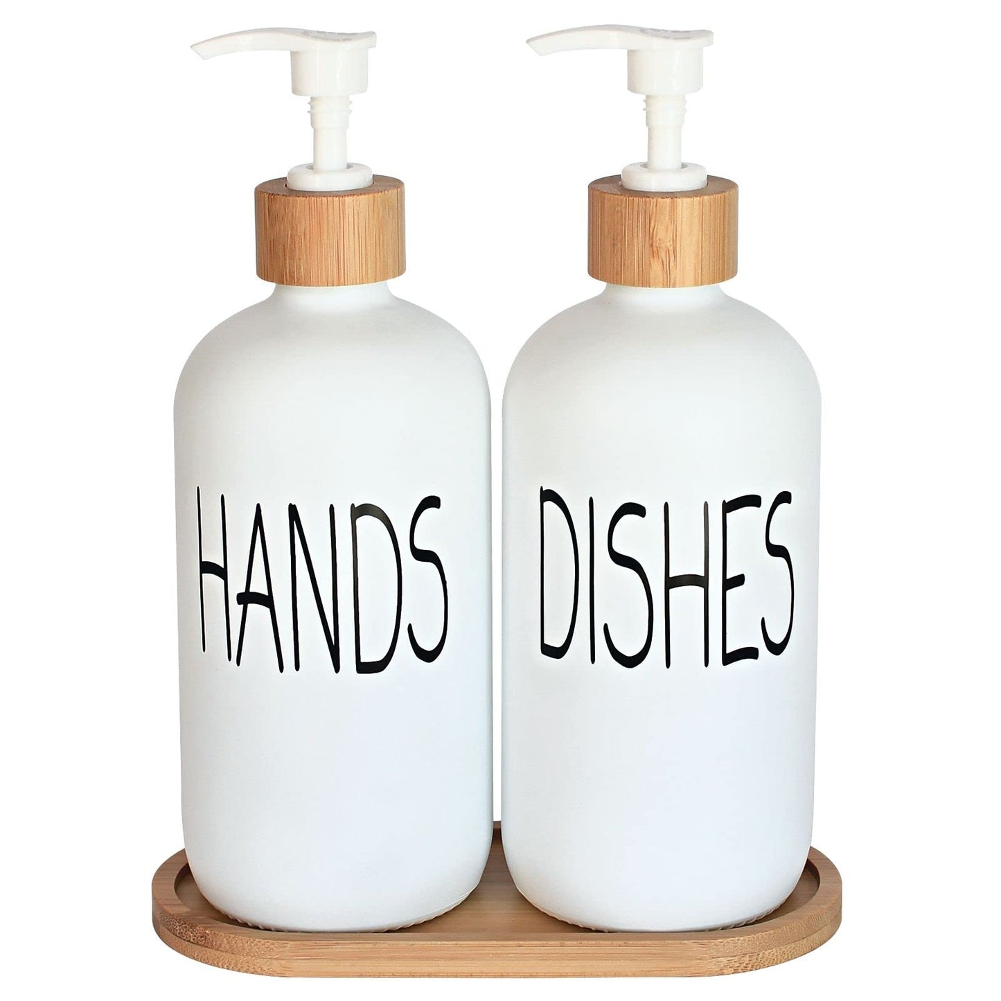 Glass Soap Dispenser Set. Hand Soap and Dish Soap Dispenser with Bamboo Tray. Vintage Soap Dispenser