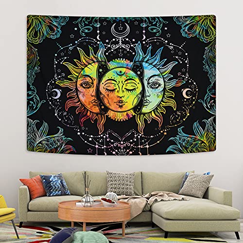 Psychedelic Sun and Moon Burning Sun Black Colorful Moon and Stars Tapestry ( 51.2 × 59.1 inches)