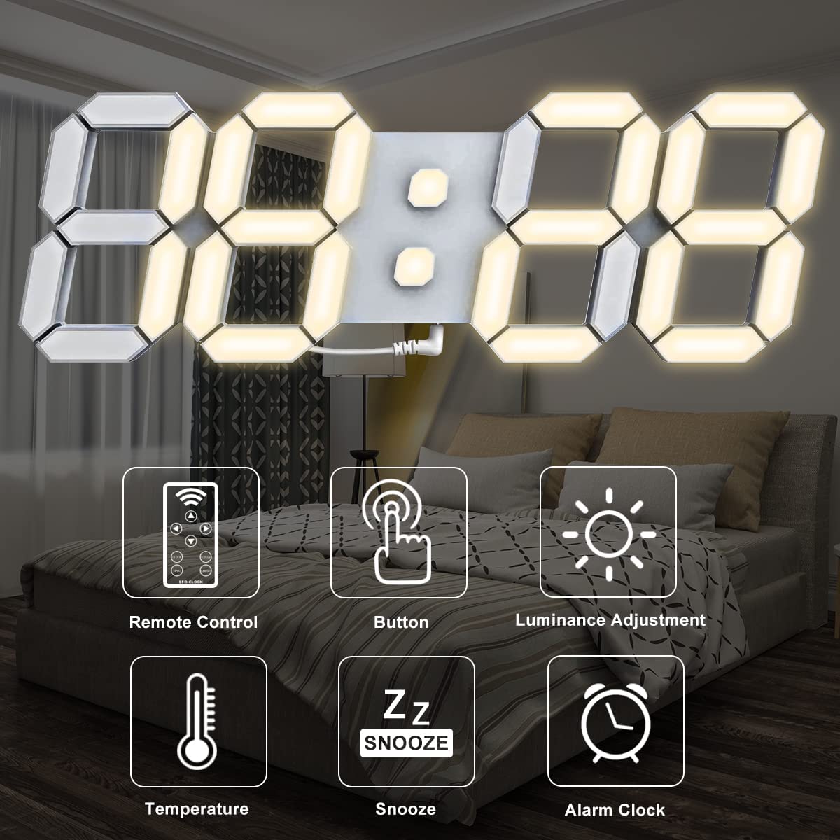 3D Led Clock Alarm Clock Desk Wall Clock 9.7 Inch 12/24 Hr Silent with Remote Control 50,000Hrs Led Life Temperature Nightlight Corded Electric