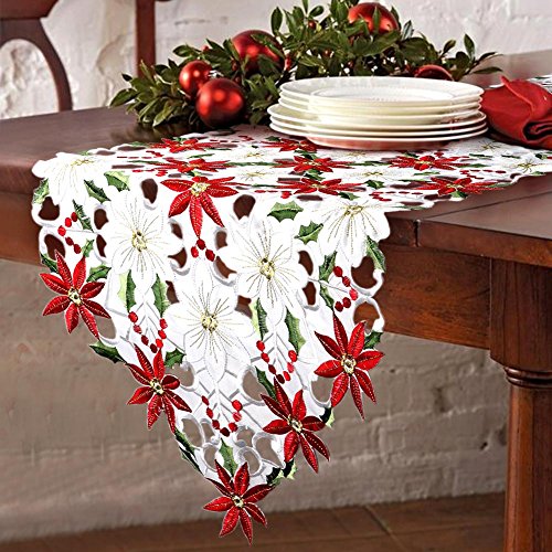 Poinsettia Christmas Embroidered Table Runners 15 x 69 Inch