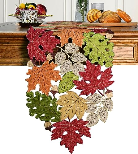 Fall Table Runner 54inches Long, Thanksgiving Harvest Cutwork Embroidered Table Runner 13in x 54in, Autumn Maple Leaves Table Decoration for Home Dining Kitchen Table
