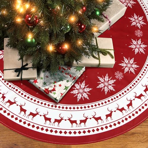 Christmas Tree Skirt Large 48 Inches Christmas Tree Skirt Red Reindeer Snowflakes Xmas Tree Skirts for Winter