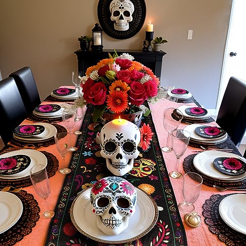 Halloween Table Runner Day of Dead Halloween Decor Indoor Skeleton Flowers Candles Halloween