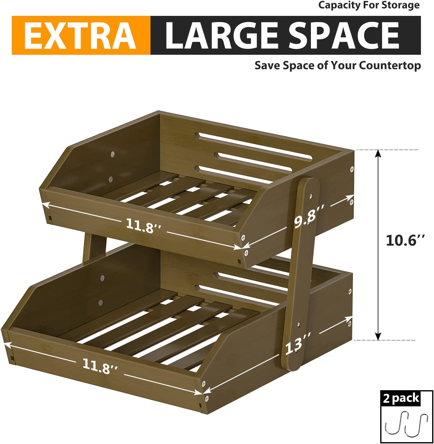 Bamboo Fruit Basket â 2 Tier Fruit Bowl For Kitchen Counter, Large Capacity Fruit Holder w/ 2 Banana Hangers (WALNUT)