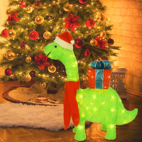 Lighted Christmas Green Dinosaur w/ Gift Box Decoration