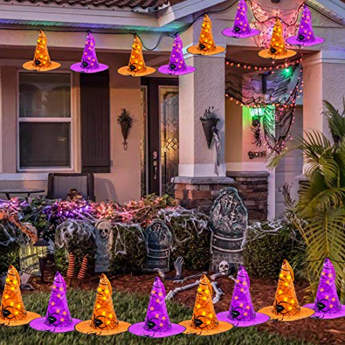 8 Pcs Hanging Witch Hats, 14ft 56 LEDs  Remote Control String Lights, Battery Powered with 8 Lighting Modes for Garden, Yard, Tree