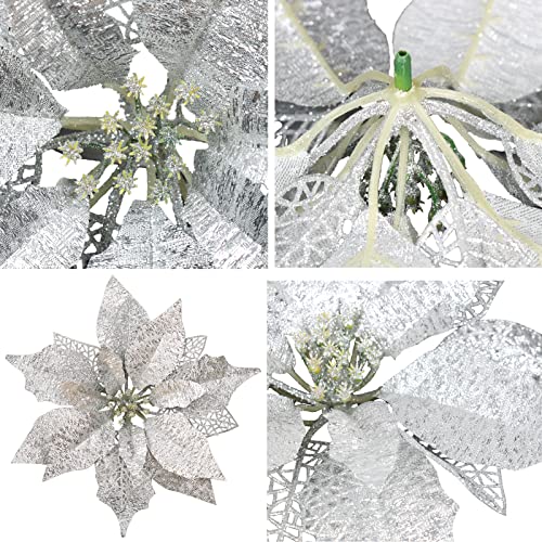 12Pcs Poinsettia Flowers Glitter Christmas Ornaments