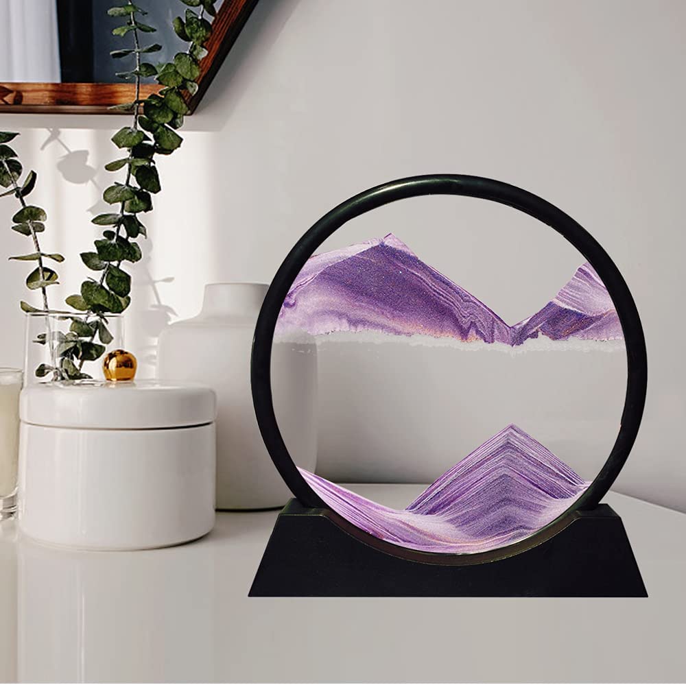 Moving Sand Art Picture Round Glass 3D Deep Sea Sandscape in Motion (7", Purple)