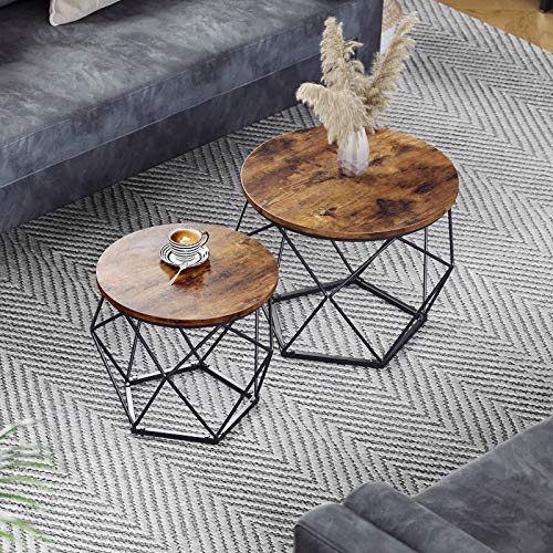 Round Coffee Table Set of 2 w/ Steel Frame Brown & Black