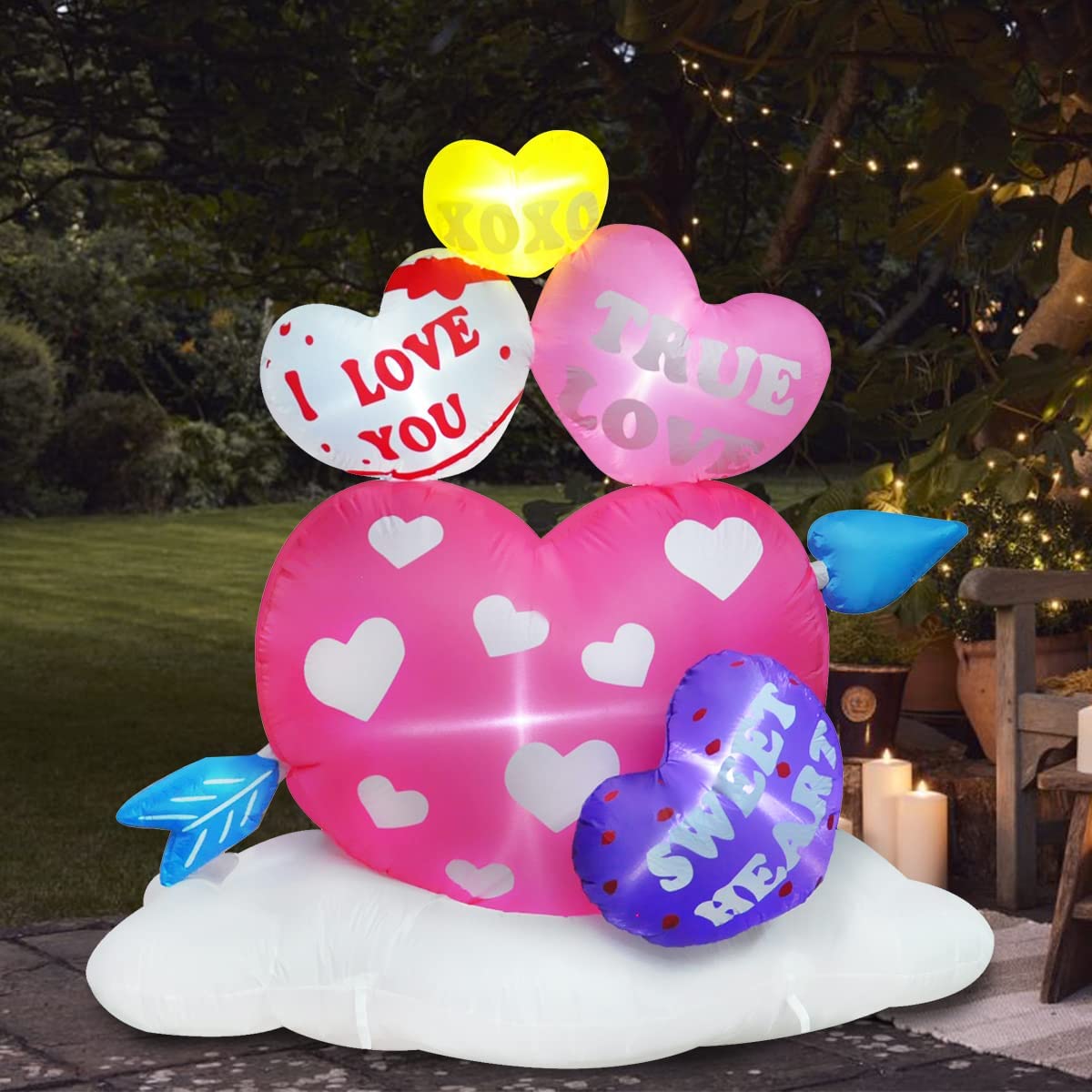 6ft Inflatable Valentine Hearts with Arrow Decoration, LED Blow Up Lighted Decor