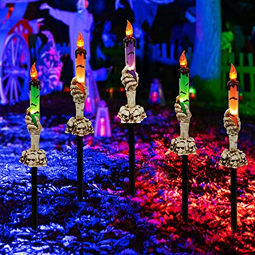 5 Pack Skeleton Hands Hold Lighted Candle Stakes Halloween Decoration