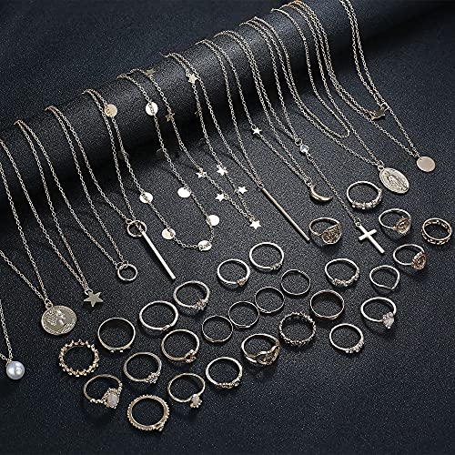 39 PCS Multiple DIY Layered Choker Necklace & Rings Set for Women