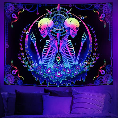 Blacklight Tapestry UV Reactive Skelton Wall Psychedelic Celestial Colorful Flower