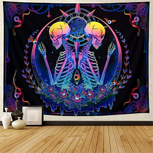 Blacklight Tapestry UV Reactive Skelton Wall Psychedelic Celestial Colorful Flower