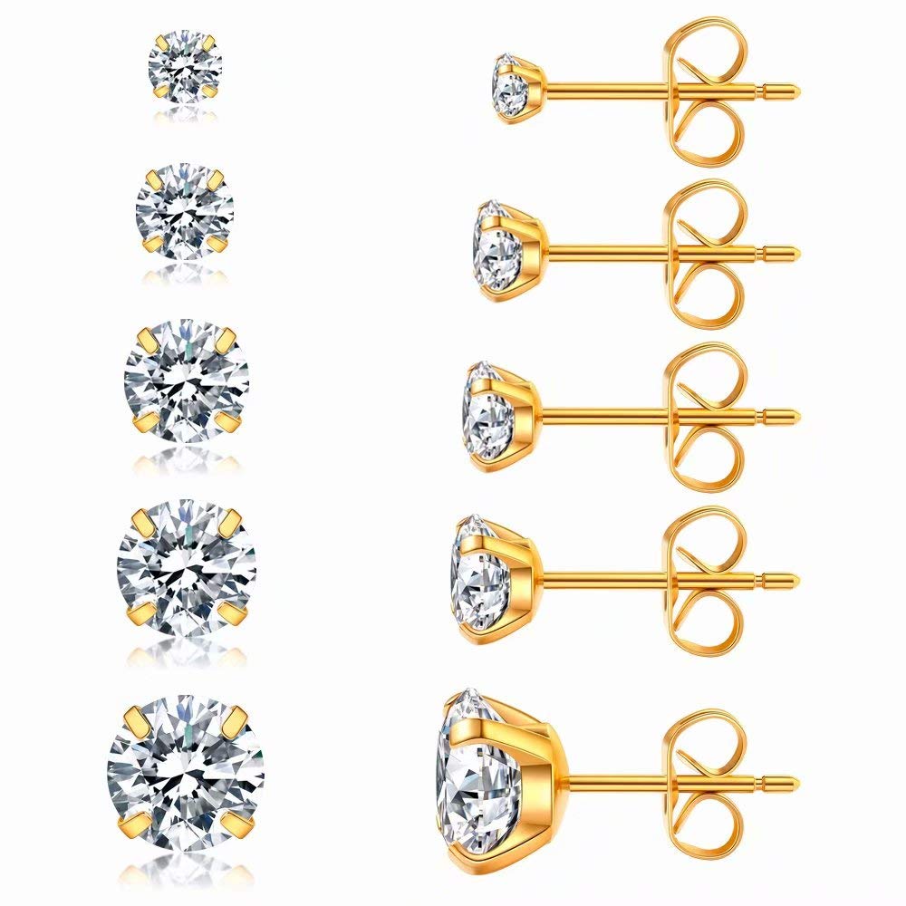 5 Pairs Stud Earrings Set, Hypoallergenic Cubic Zirconia 316L Earrings Stainless Steel CZ Earrings 3-8mm