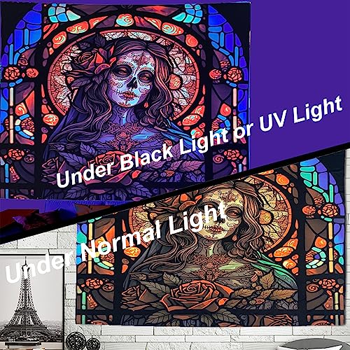 Blacklight Tapestry Sugar Skull  Halloween  UV Reactive Trippy Neon Tapestries Glow in the Dark Party Backdrop,