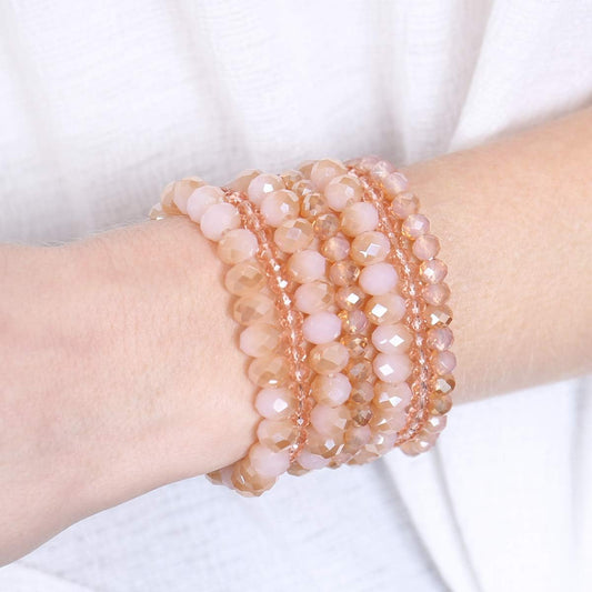 7 Layer Sparkly Beads - Light Pink Bohemian Multi-Layer Beaded Stacking Statement Bracelets - Versatile Stretch Strand