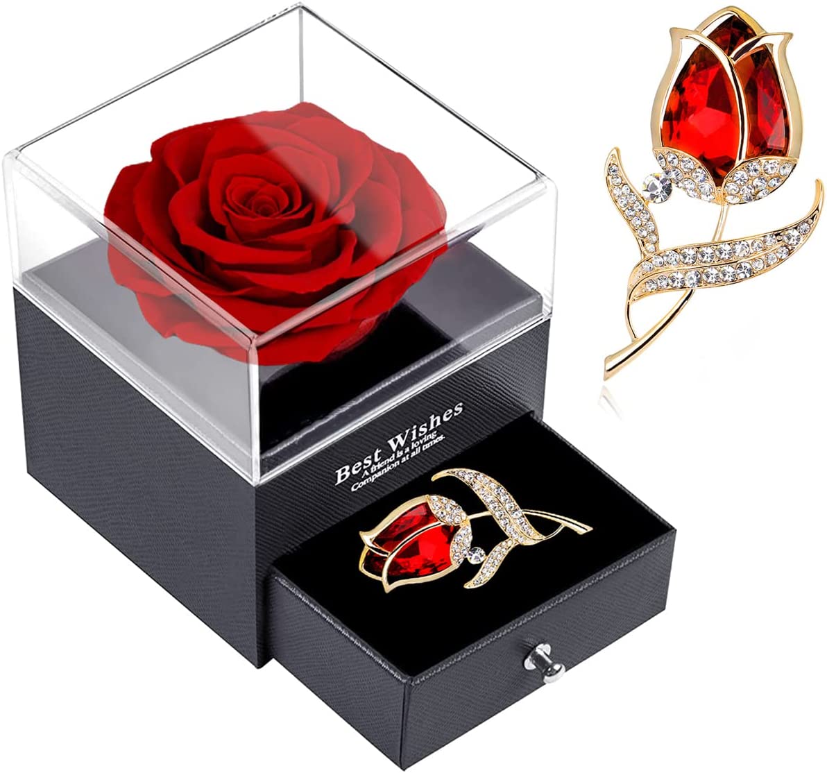 Red Rose Gift Box- Enchanted Real Rose w/ Ruby Rose brooch, Eternal Rose Flower