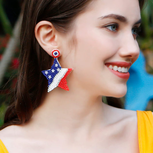 4th Of July Earrings for Women Handmade Patriotic Drop Dangle Beaded Earrings for Independence Day