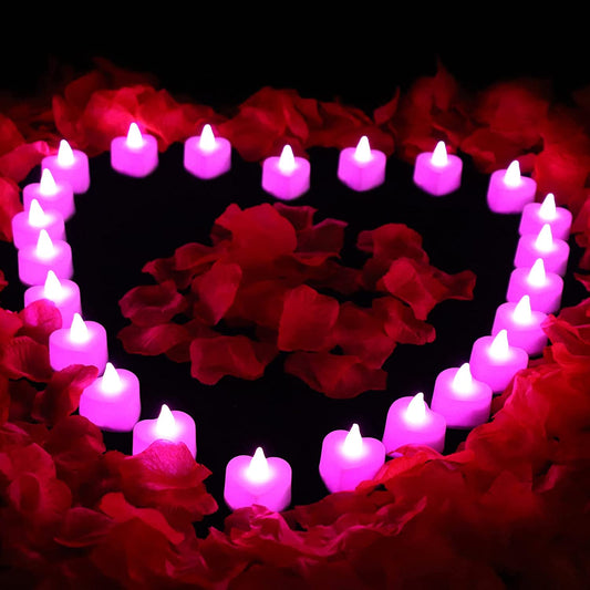 1000 PCS Artificial Rose Petals with 24 Pcs Heart Shaped LED Candles Flameless, Pink