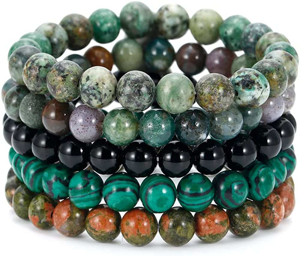 5PCS Semi-Precious Gemstone Bracelet - Healing Crystal Stone Beaded Bracelets for Women Men 8mm Round